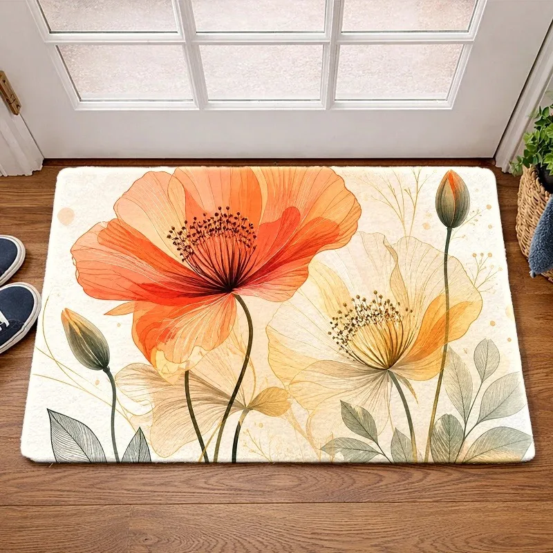Spring Meadow Doormat Poppy Lavender Multicolor Wild Bloom Foliage Pattern Floor Rug Garden Decor Mat for House Entryway