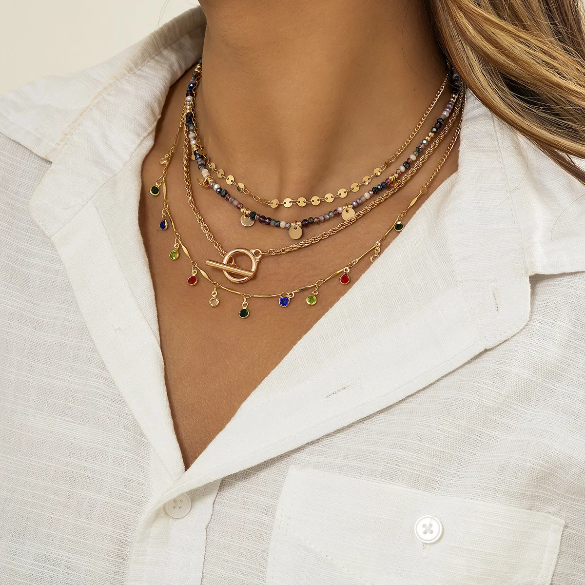 4Pcs/Set Boho Colorful Crystal Sequin Tassel Pendant Choker Necklace for Women Trendy Multi-Layer Necklace