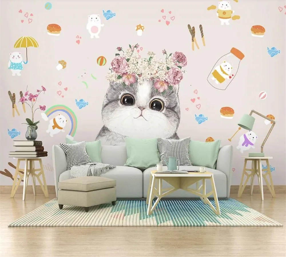 nach 8D tapete wandbild cartoon kätzchen blume kinderzimmer wohnzimmer schlafzimmer hintergrund wand dekoration malerei