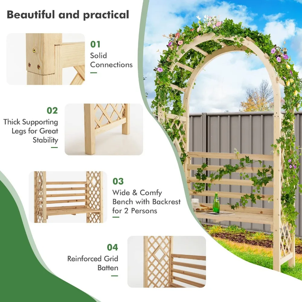 Garden Arch with 2-Person Bench, Wooden Garden Arbor Archway Trellis for Climbing Plants