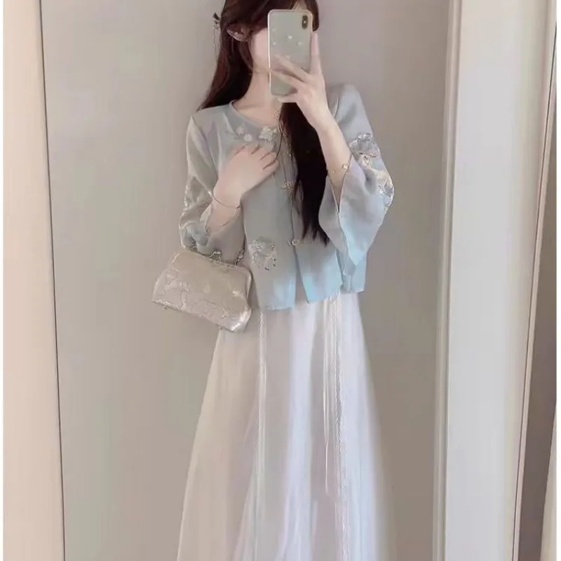 Women Autumn Chinese Style Hanfu Embroidered O-neck 3/4 Sleeve Shirts Ladies Elegant Temperament All-match Skirt Two Piece Set