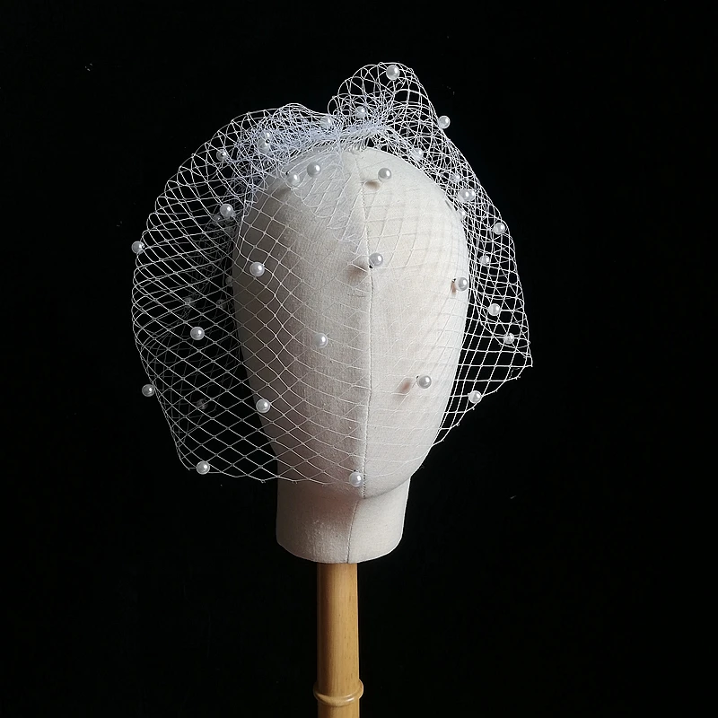 New Arrival White Ivory Russian Net Wedding Party Head Dress Pearls Beaded Birdcage Veil Voile mariee Akcesoria ślubne