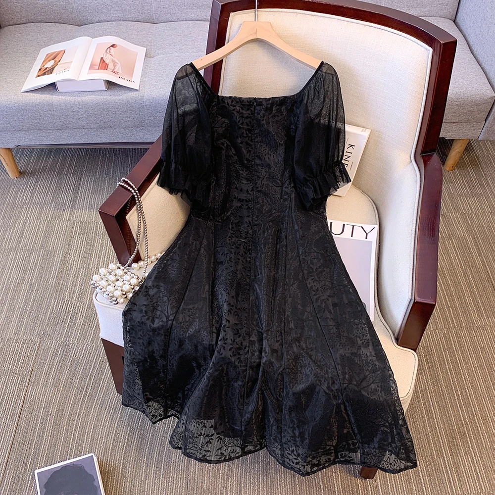 Plus-size Women\'s Summer Casual Commute Loose Comfort dress Black lace zipper A-line short sleeve square collar lined long dress