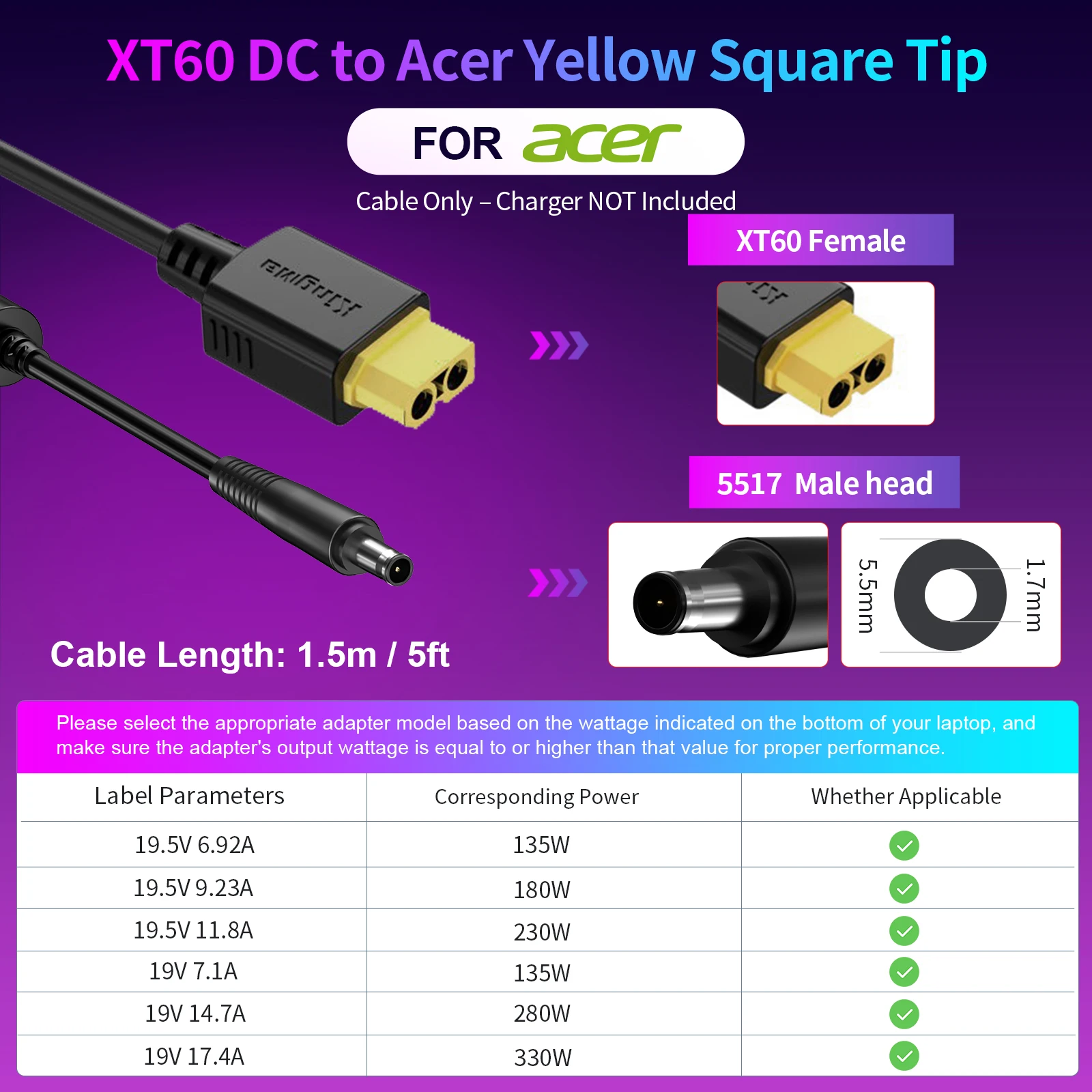 330W GaN-oplader, XT60 naar DC-kabeladapter, vervanging voor Lenovo, ASUS, Dell, Alienware, HP, Acer, MSI, Razer, Xiaomi laptops