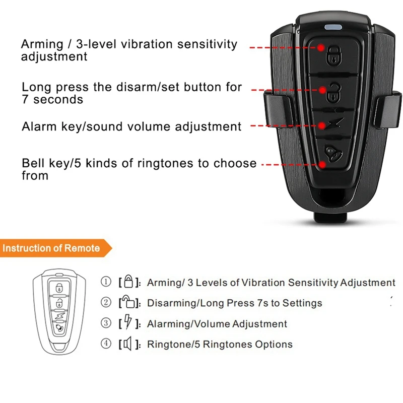 Alarma antirrobo de seguridad con carga USB, Control remoto para motocicleta y bicicleta eléctrica, a prueba de polvo