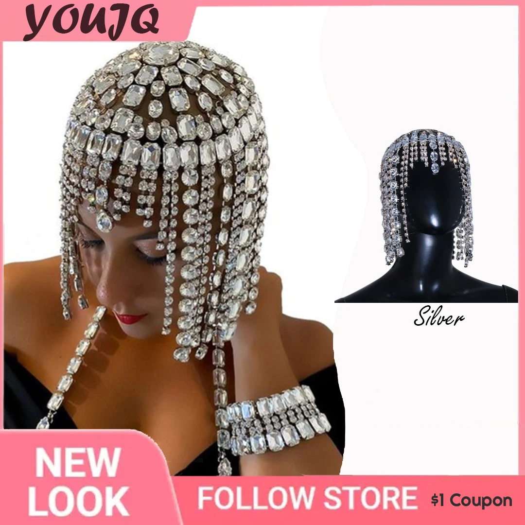 

Gorgeous Crystal Big Square Oval Stone Tassel Head Cap Hat Headband Hats for Women Rhinestone Head Wig Head Chain Jewelry Caps