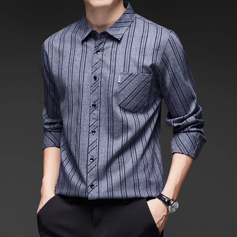 Men's Markless Long-sleeved Shirt Spring and Autumn New Business Casual Striped Top Middle-aged Shirt