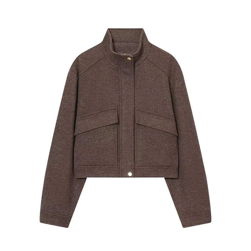 

Women's Short Jackets Coats Autumn Winter Fashion Pocket Decoration Stand Collar Long Sleeve Coats Female Outerwear Chic Tops