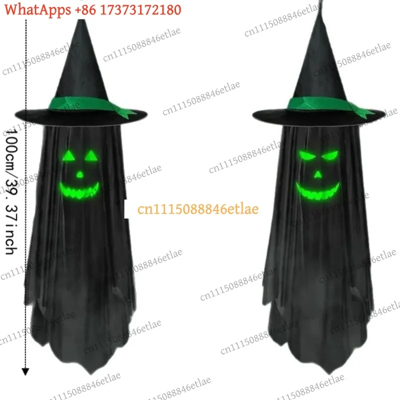 k3 Glow-in-the-Dark Ghost Pendant with Wizard Hat – No-Power Fluorescent Halloween Hanging Decoration for Outdoor