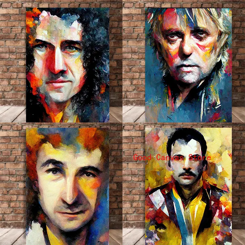 Queen Inspired Portraits Posters Freddie Mercury, Brian May, John Deacon, Roger Taylor Canvas Painting Print Wall Art Home Decor