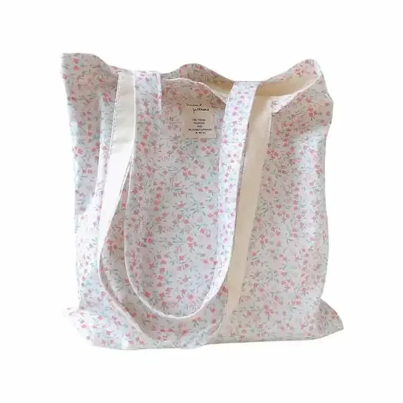 BQF01 Bolsa tote de lona de algodão reutilizável macia pano de mercearia bolsa de ombro floral para compras de viagens na praia