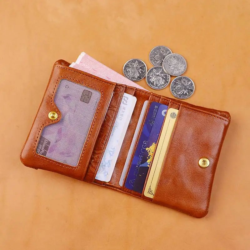 クラシックショートウォレット-レディース-ハンドメイド-トップレイヤーなめし牛革-マルチカードスロット-カードホルダー-レザーマネークリップ