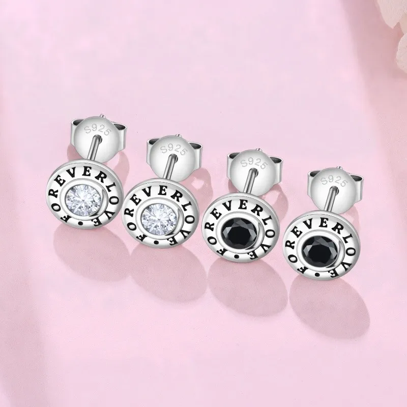 MISEFF 925 Sterling Silver Ear Jewelry FOREVER LOVE Print Design Stud Earrings Luxury Fine Engagement Wedding Earring Gifts