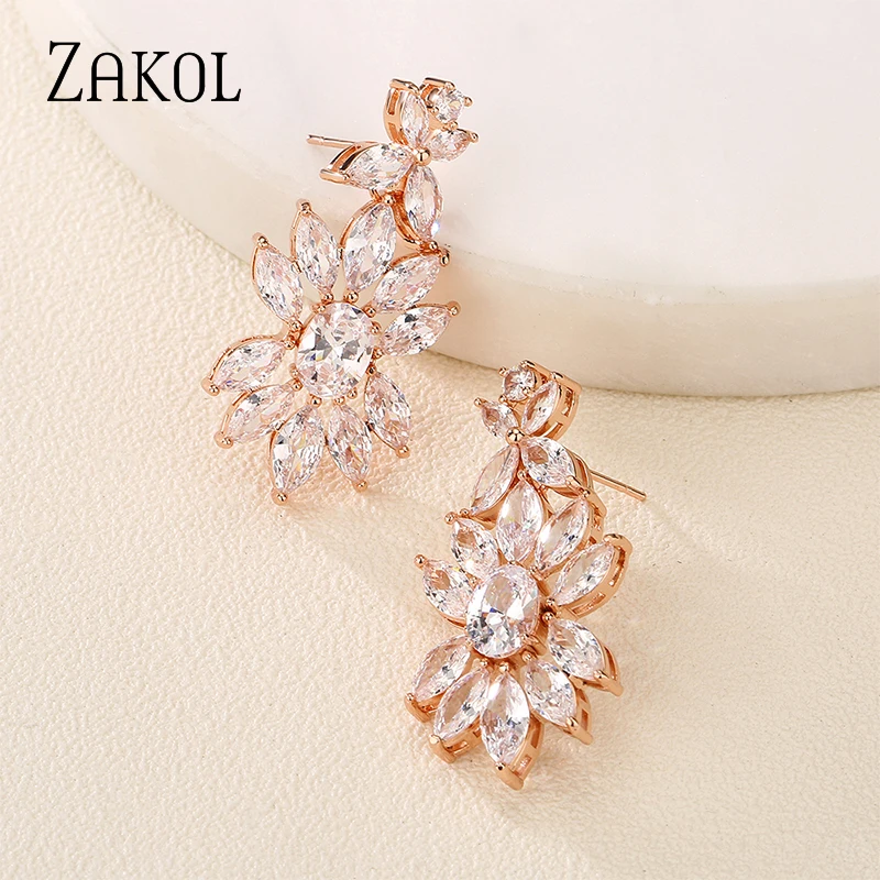 ZAKOL Luxury Rose Gold Color Leaf Dangle Earrings for Women Shinny Cubic Zirconia Bridal Earring Wedding Party Jewelry