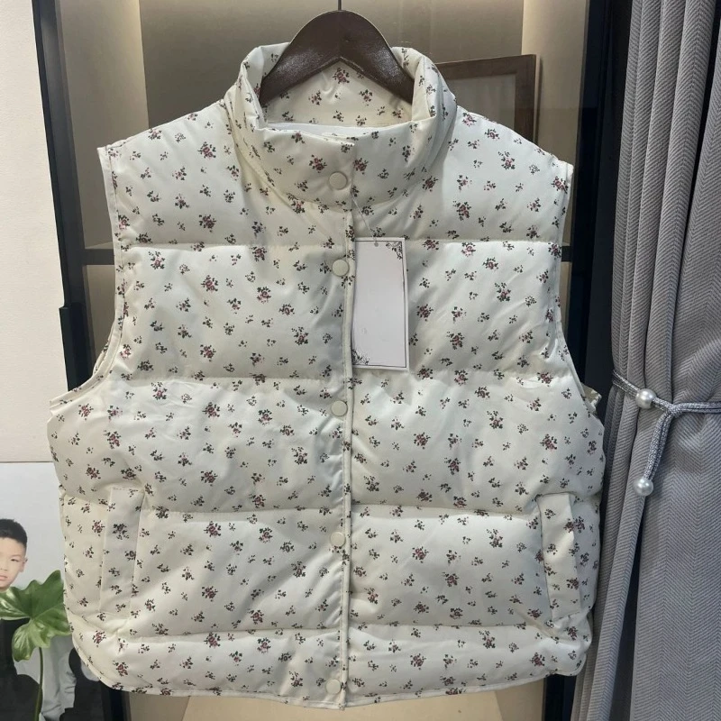 

Корейские милые парки с цветочным принтом, жилет, женский осенне-зимний жилет без рукавов с перекрытием, модные топы с воротником-стойкой
