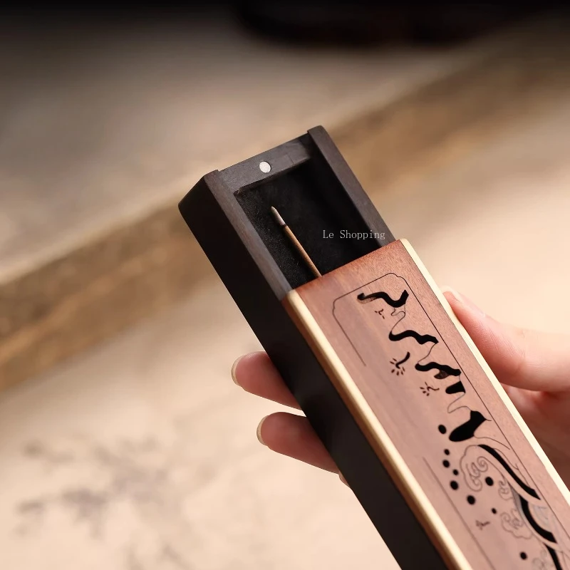 Solid Wood Incense Insert/Hollowed-out Pattern Inlaid Copper Incense Box/Studyroom TeaRoom Desktop Decoration Religious Supplies