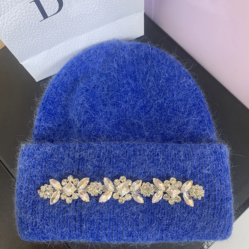 Real Rabbit Fur Knitted Hats for Women Winter Warm Beanie Luxury Rhinestones Bonnet Lady Outdoor Skiing Skullies Beanies Caps