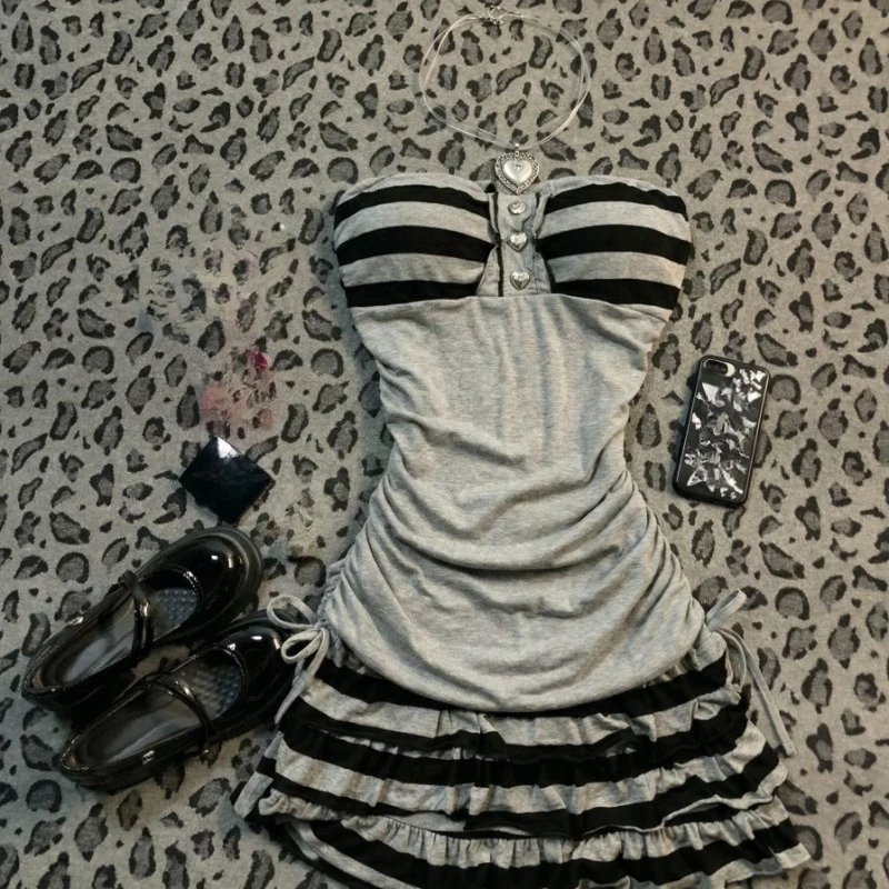 

Y2k Vintage Striped Bandeau Mini Dress Women Streetwear Hot Girl American Gothic Retro Bodycon Dress Sexy Spring Summer