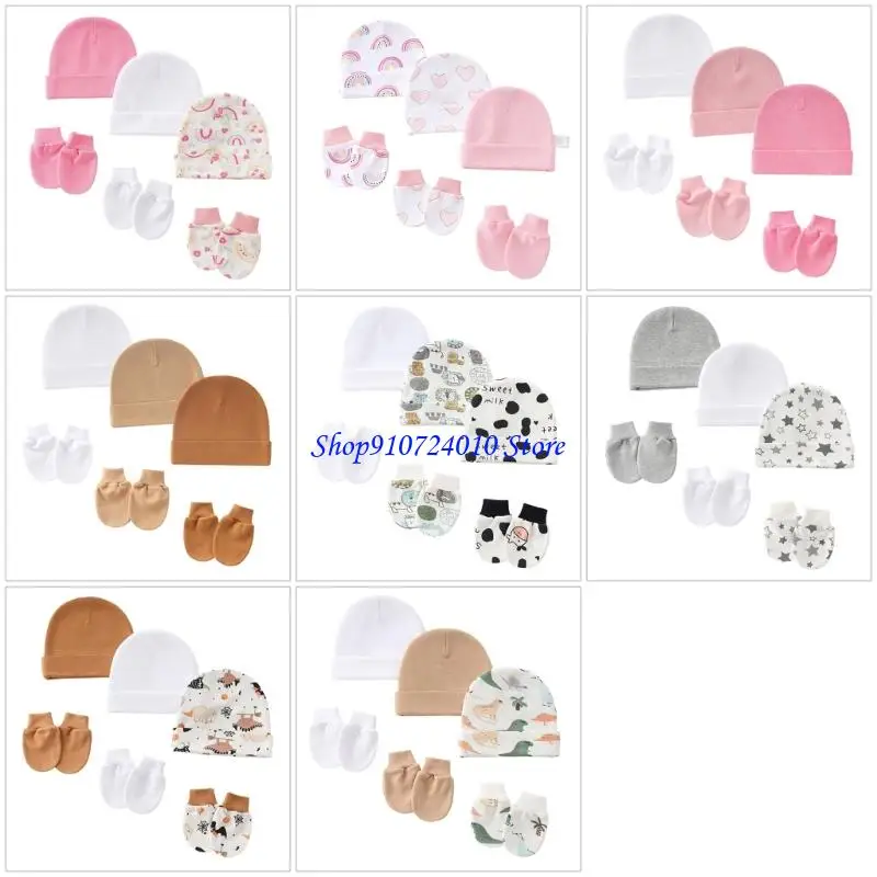 

77HD Set of 3 Elastic Infant Fetal Hat with Matching Mittens Soft Fabric Shower Gift