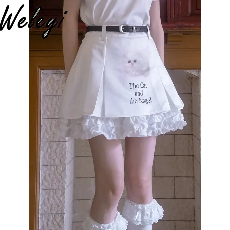 

Cute Girl Cat Printed Lace Puffy Pleated Short Skirts Women 2025 Summer New Sweet Girly High Waist White Short Skirt Ladies