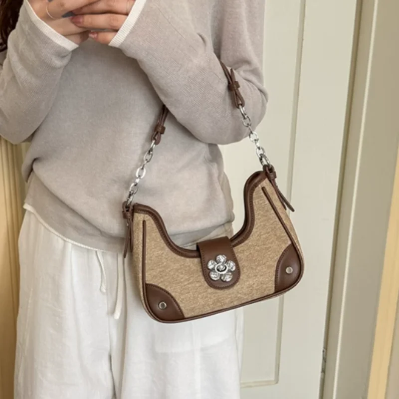 Color Block Underarm Hobo Bag For Women Contrast Color Shoulder Handbag Elegant Commuter Purse Floral Buckle Decor Crossbody Bag