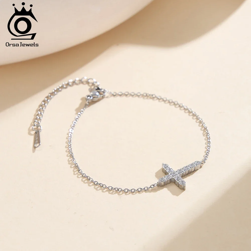 

ORSA JEWELS Stainless Steel Fashion Cross Bracelet for Women with CZ Zircon Chain Bracelet Waterproof Birthday Jewelry STKB11