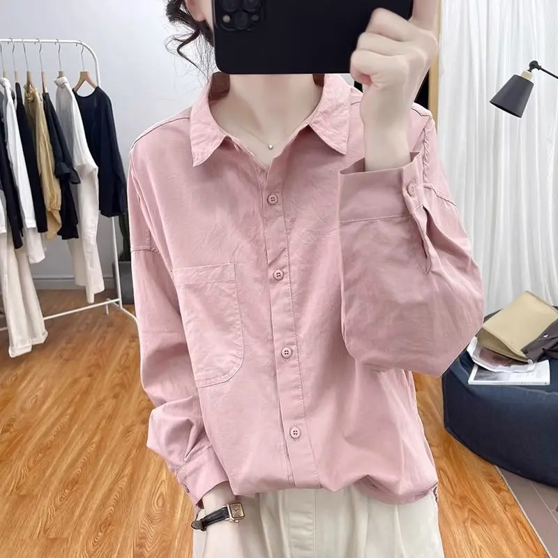 

Pure Cotton Korean Sle Long Sve Loose irt Collared Base Layer Women's Top Spring Autumn Commute Workwear Versatile Lar...