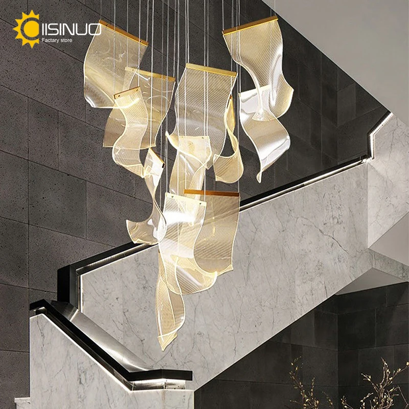 Modern Acrylic LED Chandelier for Staircase Living Room Luxury Creative Design Large Lighting Fixtures Gold Indoor Hanging Lamps