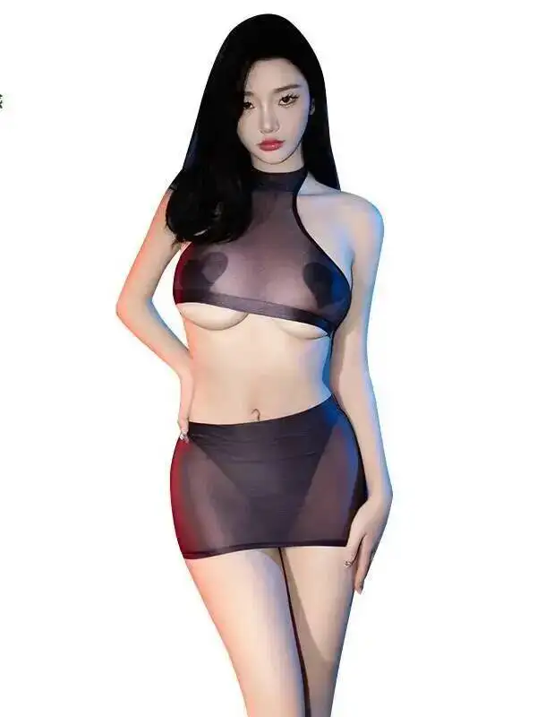 

Sexy New Bodycon Tight Thin Transparent High Elastic Smooth Couple Family Witch Game Sexy Two Piece Skirt Set Fashion Tops BFH8