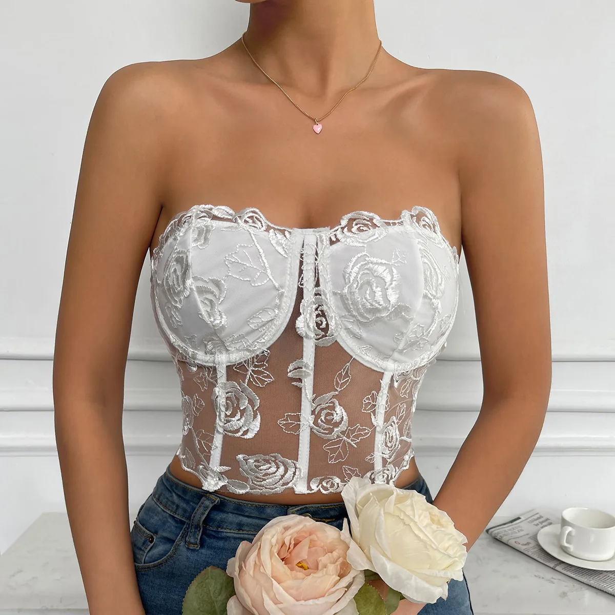 Beautiful Rose Embroidery Bustier Tube Tank Top with Shoulder Strap Corset Lingerie Crop Tops