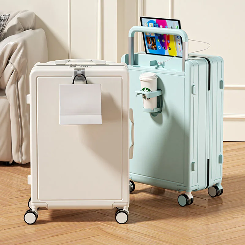 2023 New Wide Luggage Case Fashion Suitcase with Cup Holder 20-Inch Multifunctional Suitcase Password Box USB Charging Port.