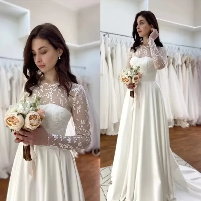 Vestidos de novia elegantes de manga larga, vestidos de novia hasta el suelo con apliques de encaje, tul Bodce, ilusión de playa, línea A, 3/4