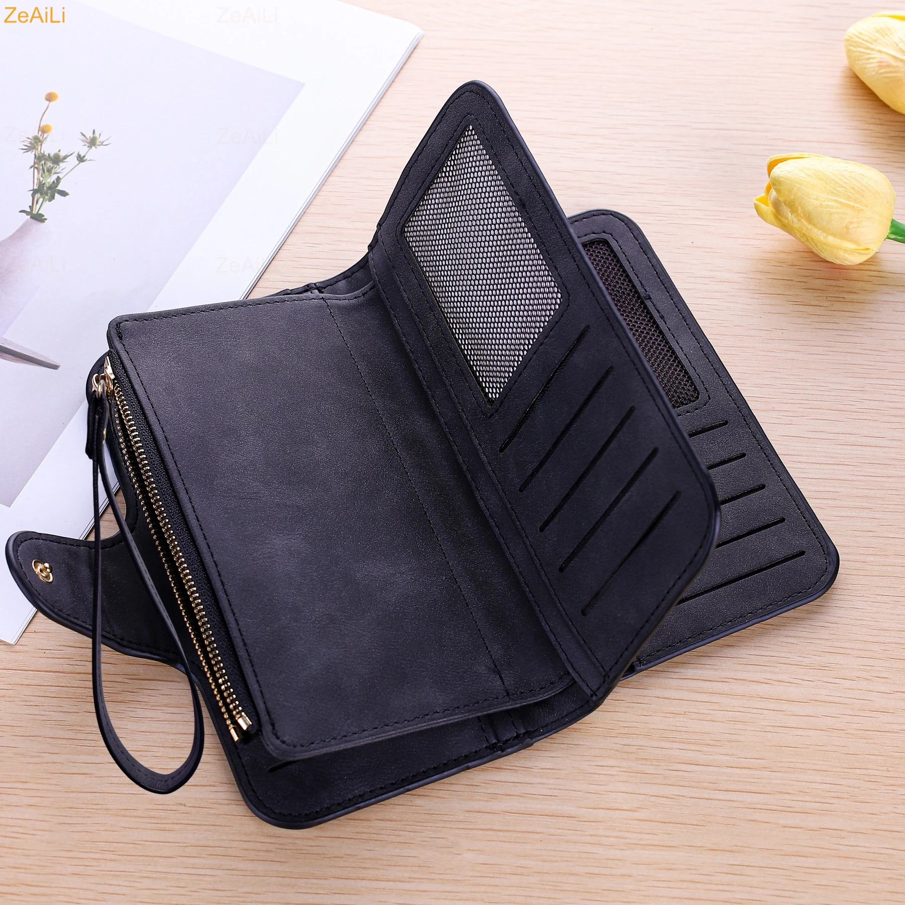 Sunflower Butterfly Pastoral Wind Damen-Geldbörsen aus Leder für Damen, langer Reißverschluss, große Damen-Clutch-Tasche, Damen-Geldbörse, Kartenhalter – Detail 4