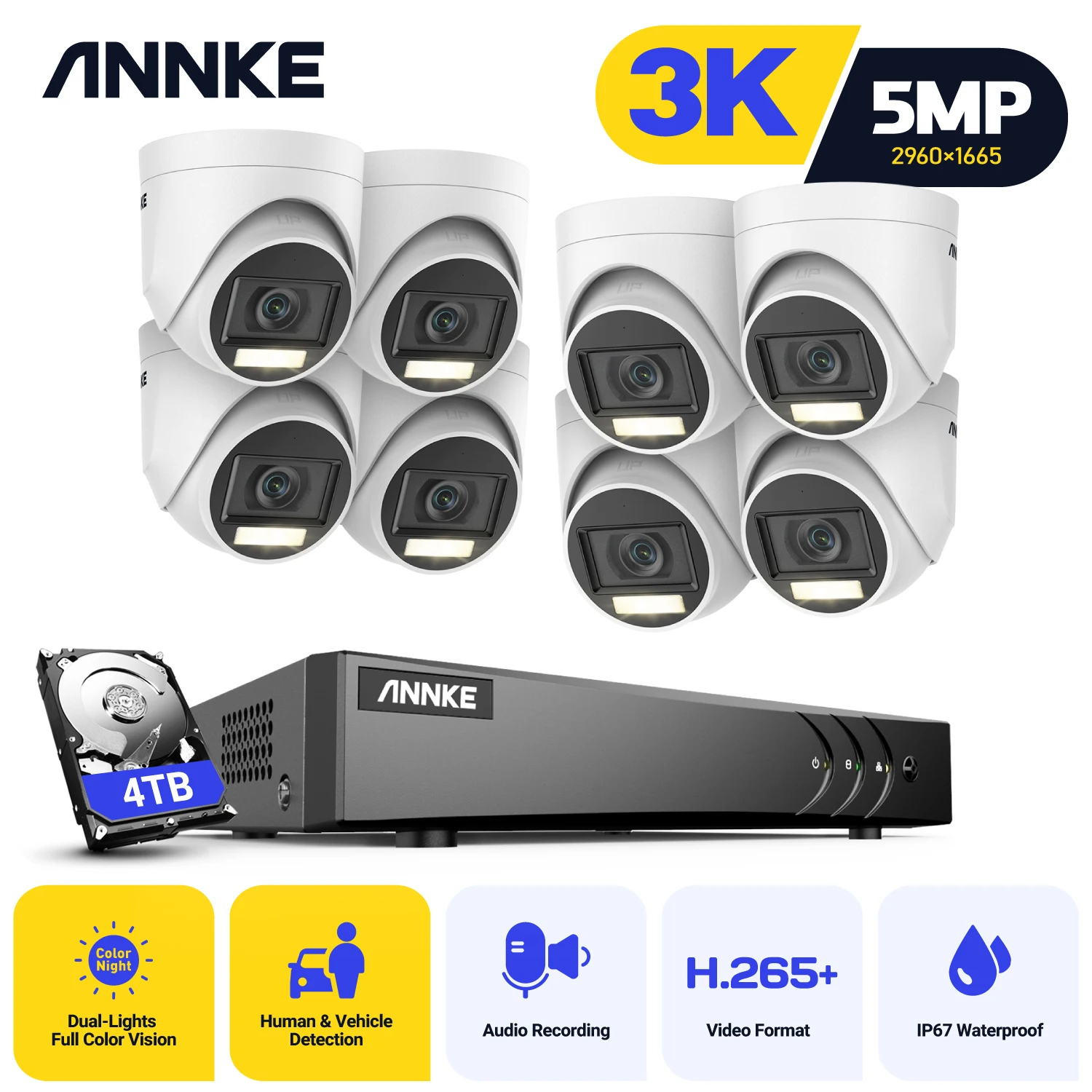 

ANNKE 5MP Security Camera System H.265+ DVR Surveillance with 4X/8X 5MP PIR Outdoor Cameras IP67 Weatherproof Security Kit White