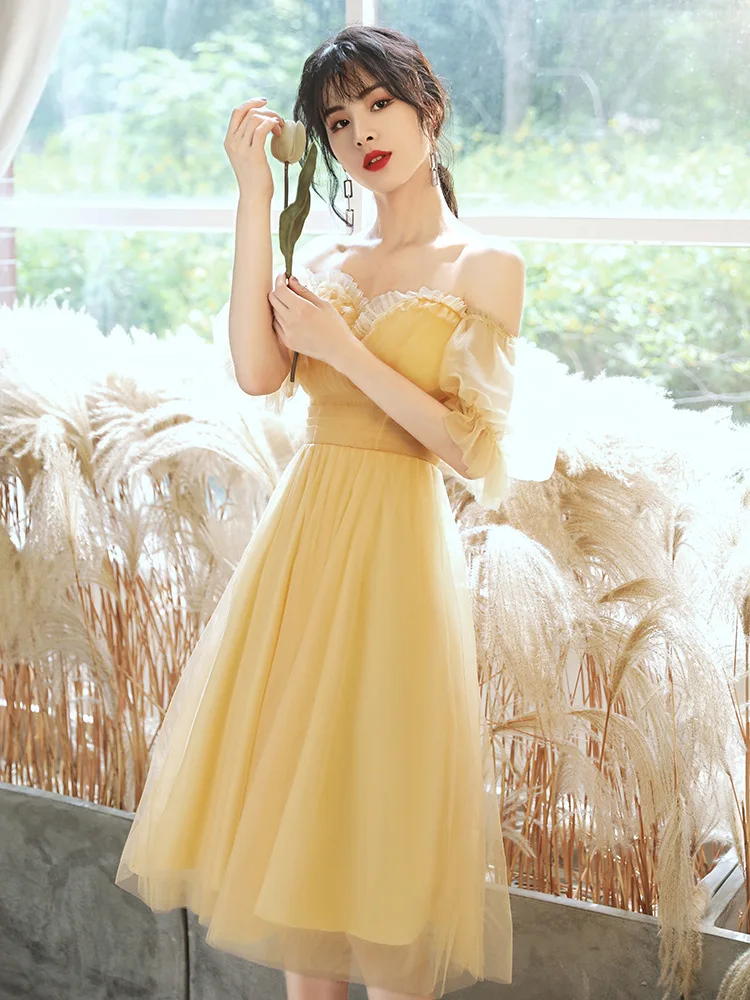 Gaun Tulle Quinceanera pendek kuning gaun Prom A-line leher V lengan pendek gaun malam Modern elegan indah