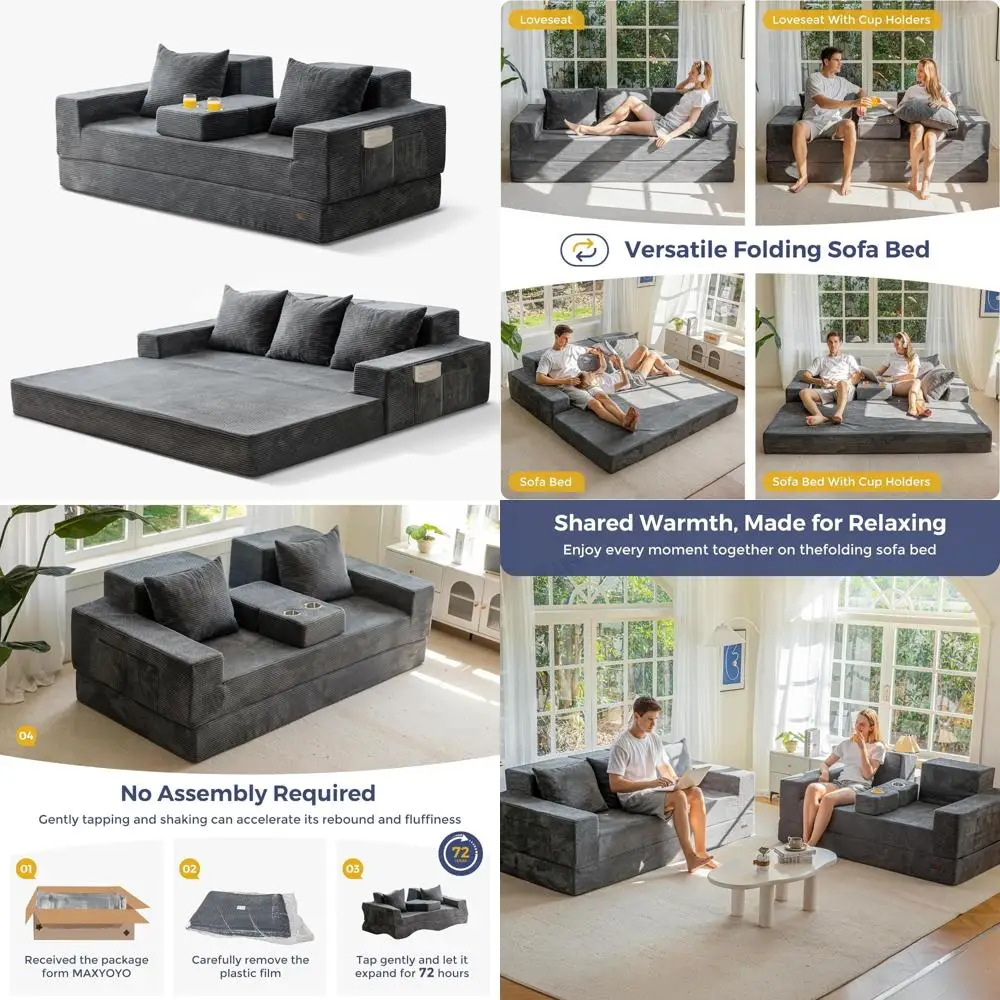

Convertible 3 Seater Foldable Floor Sofa Couch with Cup Holders, 4 in 1 Reclinable Sofa Bed in a Box, Comfortable Boneless Couch