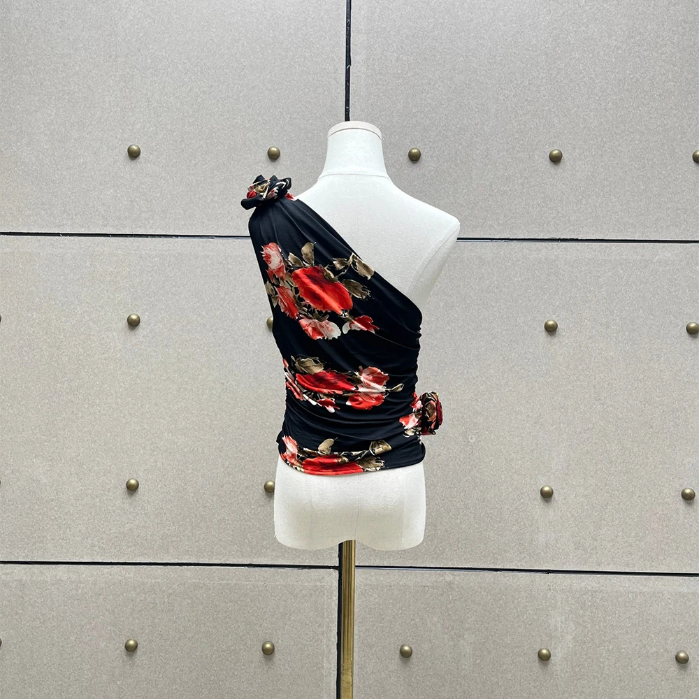 Elegant Floral Printed Pleated Slim Women's Vest Y2K One Shoulder Design Spring Commuter Top Floral Stereoscopic Flower Trend