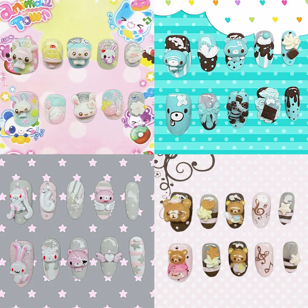 

Cute Retro Rabbit Strawberries Dessert Dot Fake Nail 3D Glitter Bear Star Bowknot Musical Note Press-On Nails Hand Accessories