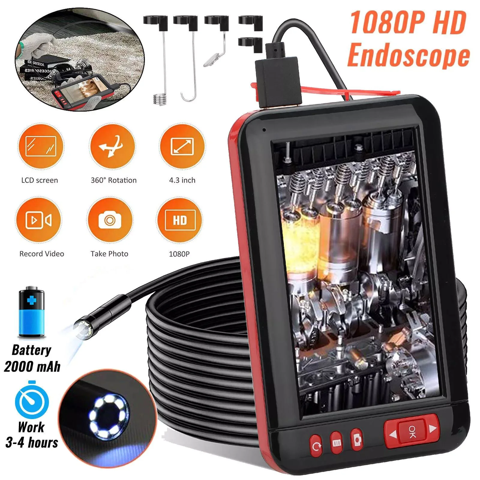 1Set 4.3-inch Screen Industrial Endoscope Camera HD 1080P 8mm Mini Lens Car Pipe Inspection USB Borescope 8 LEDs IP67 Waterproof