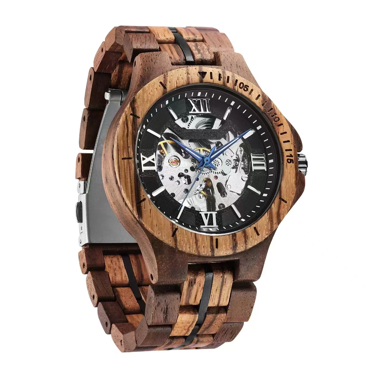 Nuovo orologio meccanico da uomo completamente automatico in legno puro fatto a mano personalità scheletro meccanico orologio in legno con venature in acciaio