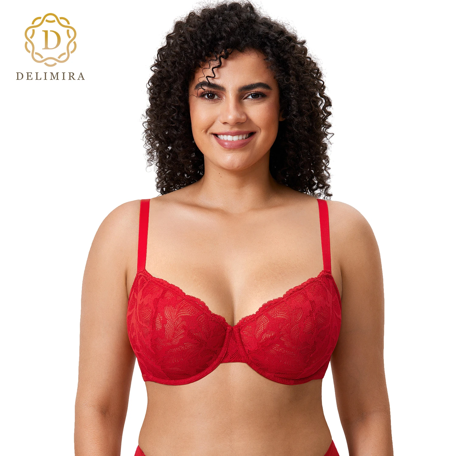 

DELIMIRA Women's Lace Sheer See Through Sexy Balconette Bra Plus Size Push Up Unlined Underwire Transparent Underwear