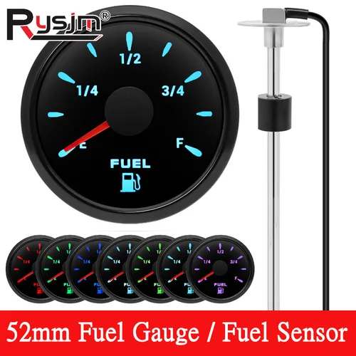 Luz de 7 colores, indicador de nivel de combustible de 52mm + Sensor de flotador de combustible de 0-190 ohm, indicador de medidor de tanque de aceite de 100 ~ 500mm para coche, barco, RV marino, yate
