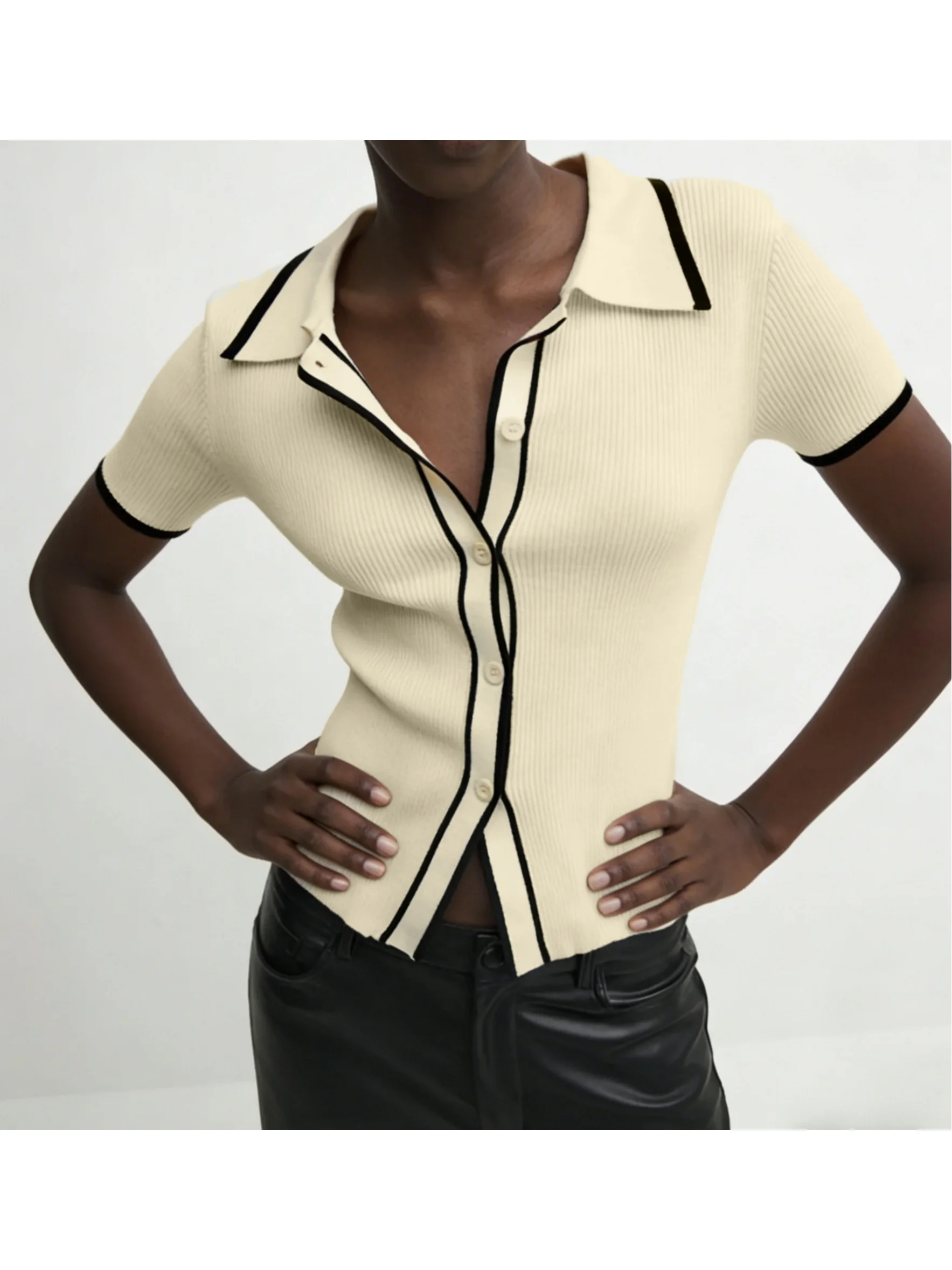 Picture 6: Women's single-breasted short-sleeved knitted cardigan, featuring a minimalist and casual style, suitable for spring and summer