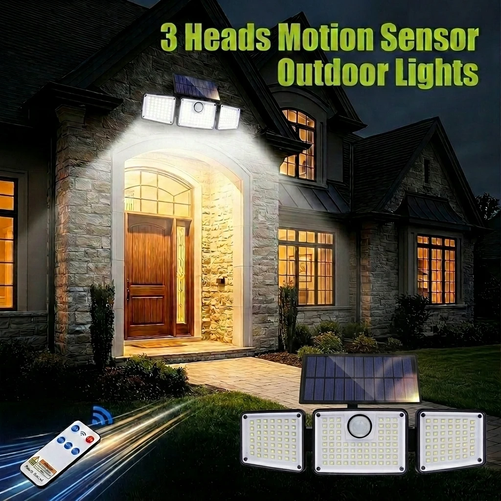 

164 LED Solar Outdoor Lights with 3 Modes, 3 Heads Motion Sensor Flood Wall Light IP65 Waterproof Easy Install for Backyard Yard