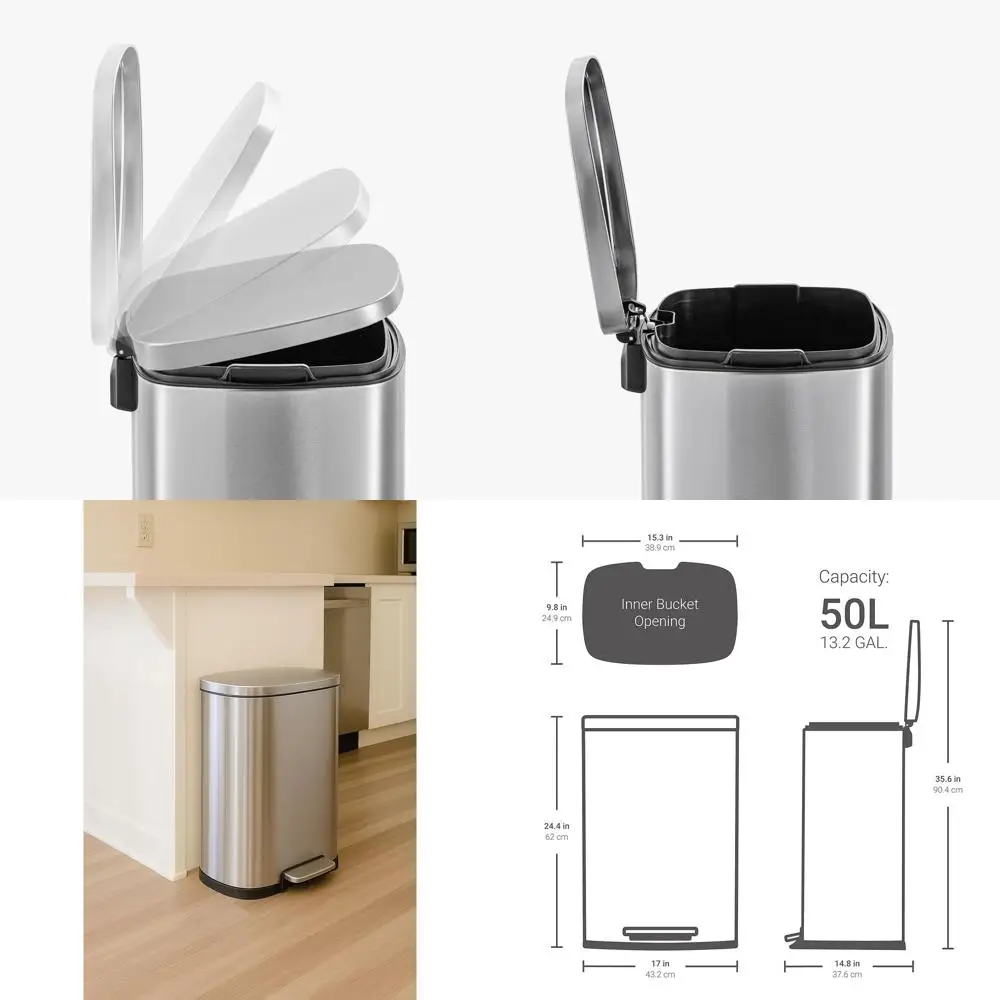 

50 Liter 13-Gallon Stainless Steel Trash Can with Step-On, Soft-Close Lid, Fingerprint-Resistant, Removable Liners for Kitchen,