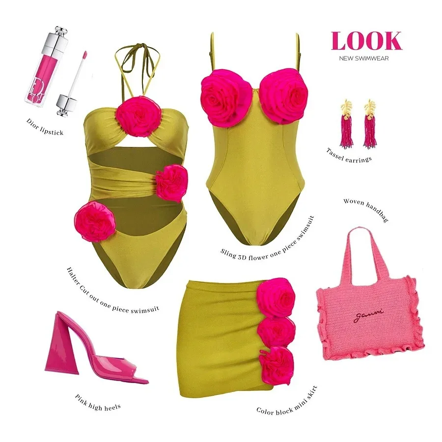 Traje de baño de una pieza con falda halter para mujer, body sexy con flor 3D, ropa de playa, traje de playa de vacaciones, lujo