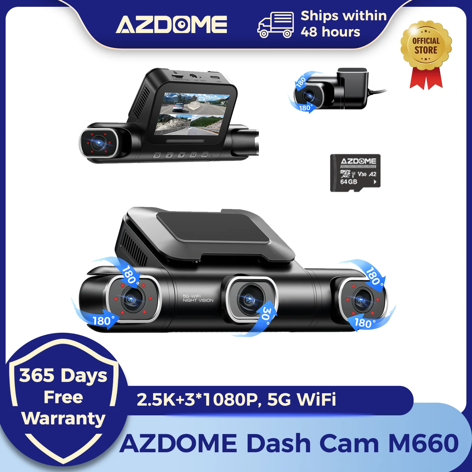AZDOME 360 ° 4채널 블랙박스 M660 2.5K+3*1080P GPS 5G WiFi 비디오 레코더 차량용 DVR 내장 128GB eMMC 야간 시야 기능 24시간 주차 모드