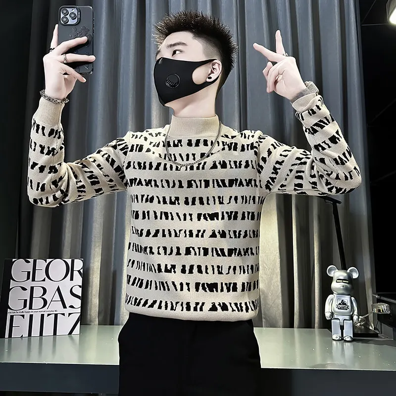 

Men's Slim Fit f High Collar Knitwear Small Size ort Base Layer irt Elastic Long Sve round Ne Contrast Color Yout...