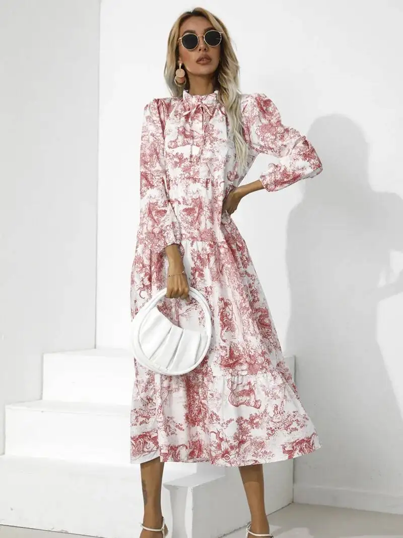 ربيع الخريف المرأة الجديدة جولة الرقبة المألوف المطبوعة طوق حزام فضفاض تسعة سنت كم طويل الأكمام فستان كاجوال BAQ7