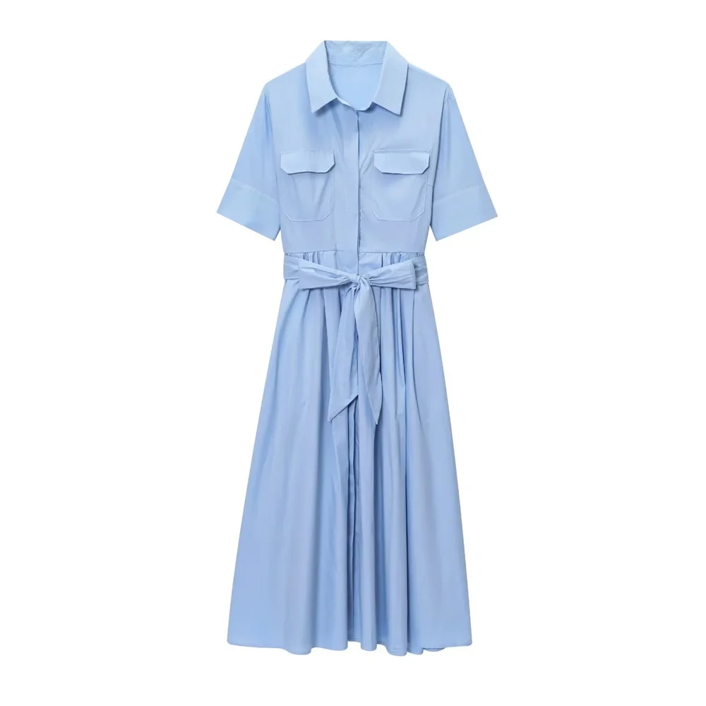 PB & ZA2025Double Pocket Lapel แขนสั้นเสื้อเรียบง่าย LACE-up Design สีทึบกระโปรงยาวฤดูร้อนผู้หญิงเสื้อผ้า